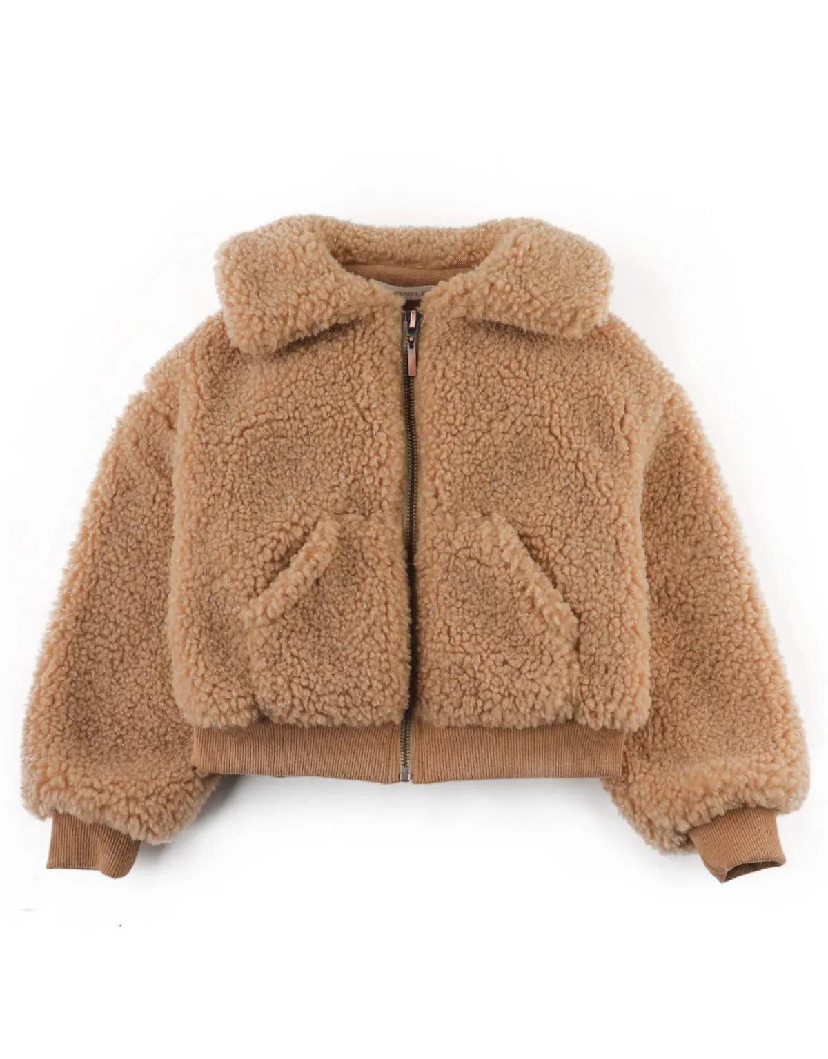 GIRLS FAUX SHEARLING BOMBER JACKET WITH RIBBED HEM AND CUFFS