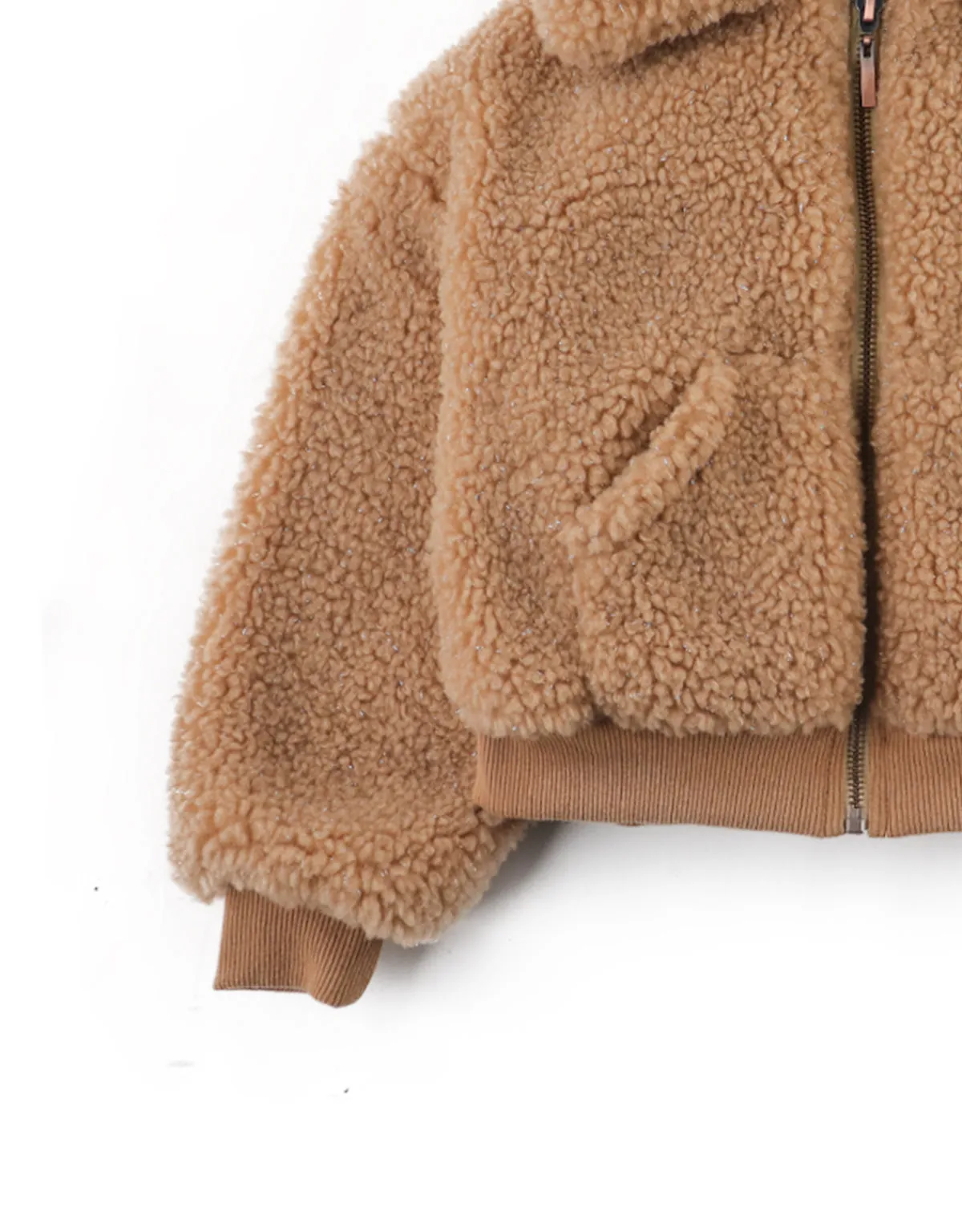 GIRLS FAUX SHEARLING BOMBER JACKET WITH RIBBED HEM AND CUFFS