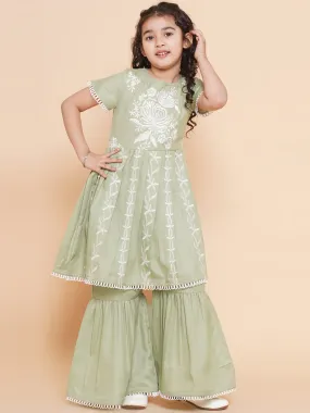 Girls Light Green Floral Embroidered Kurta With Sharara