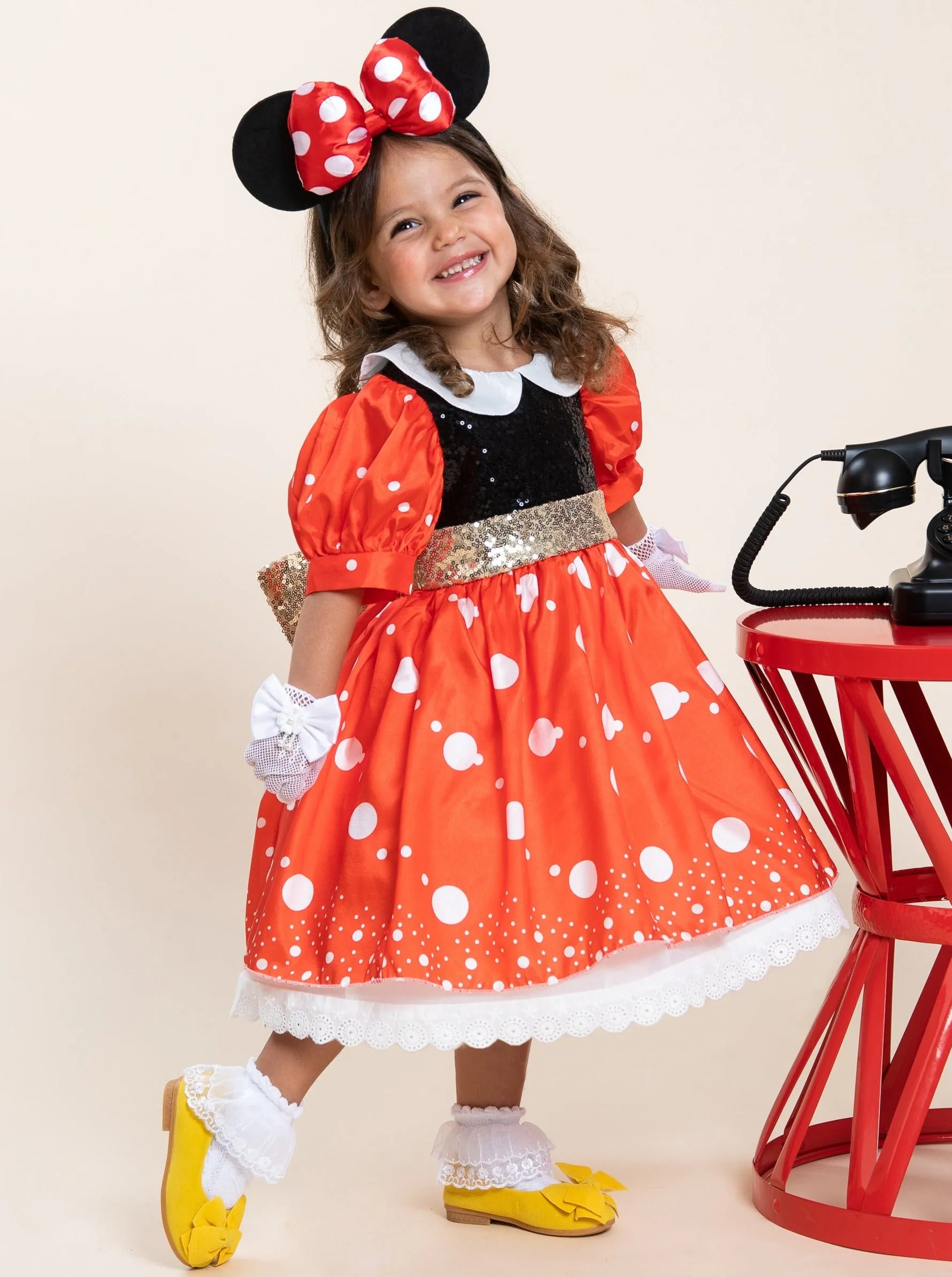 Girls Minnie Mouse Inspired Sequin Costume Dress and Ears