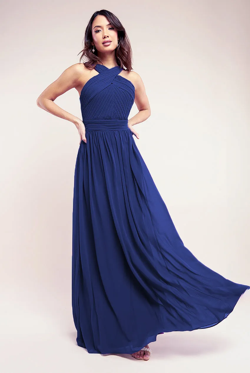 Goddiva Halter Neck Chiffon Maxi Dress - Navy