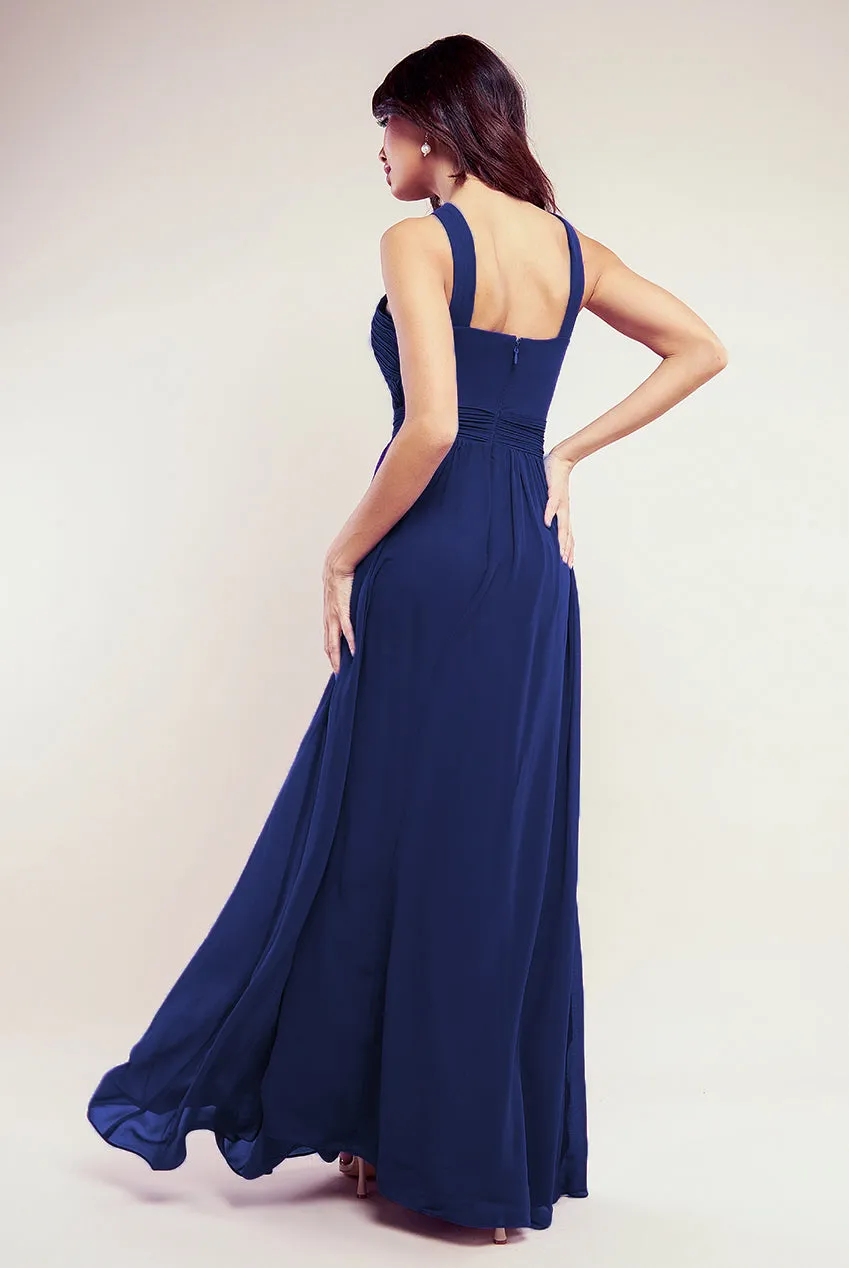 Goddiva Halter Neck Chiffon Maxi Dress - Navy