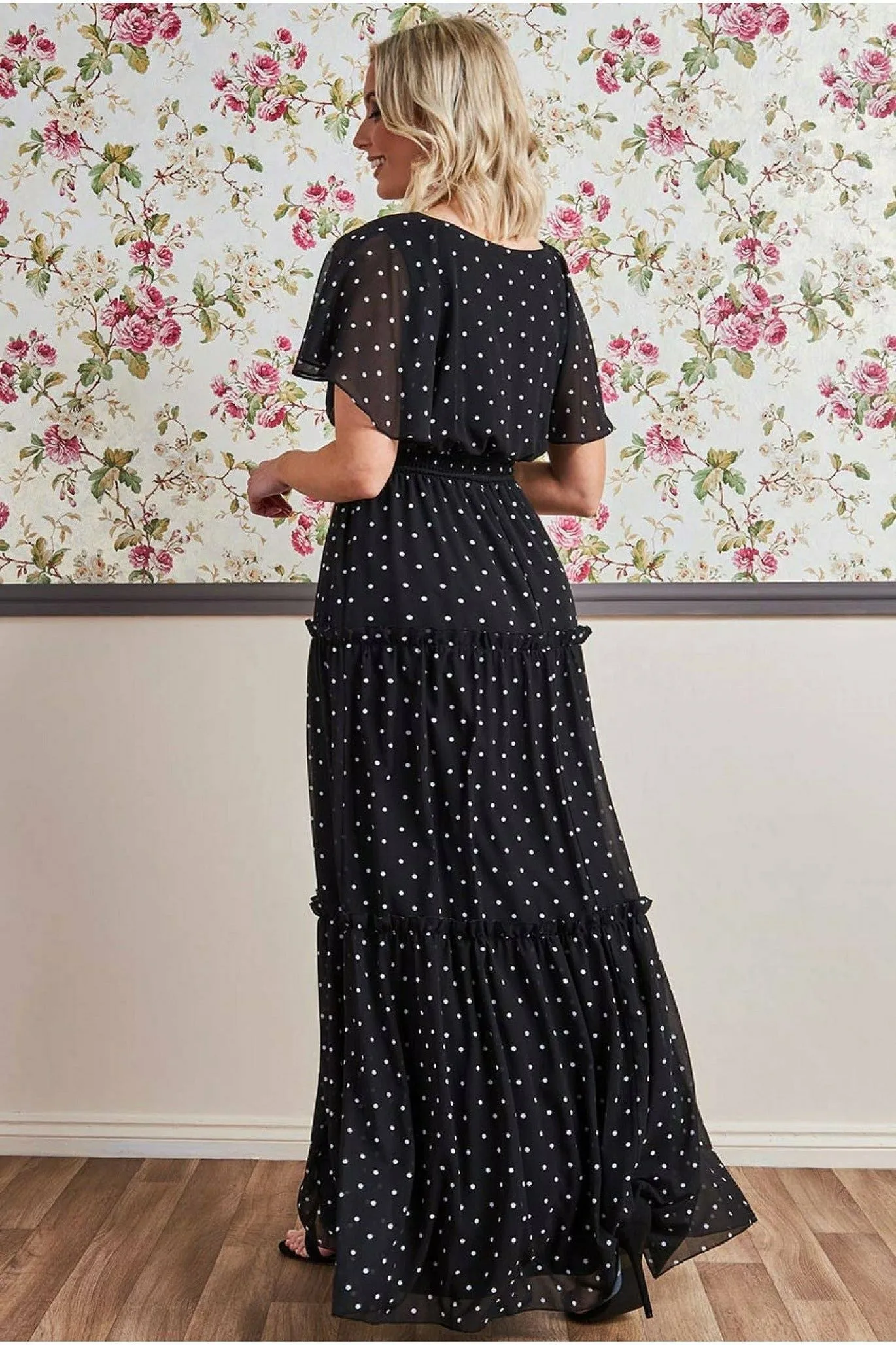 Goddiva Polka Dot Tiered Chiffon Maxi Dress - Black