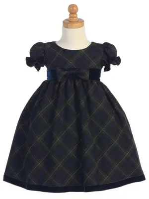 Green Plaid Girls Dress w/ Velvet Trim