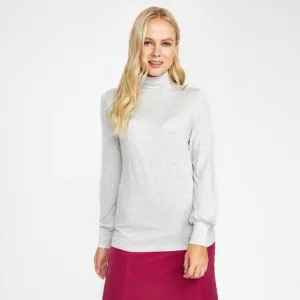 Grey Roll Neck Rib Top with Button Detail