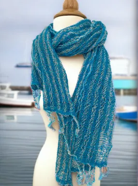 Handwoven Open Weave Cotton Scarf - Cerulean Blue-White