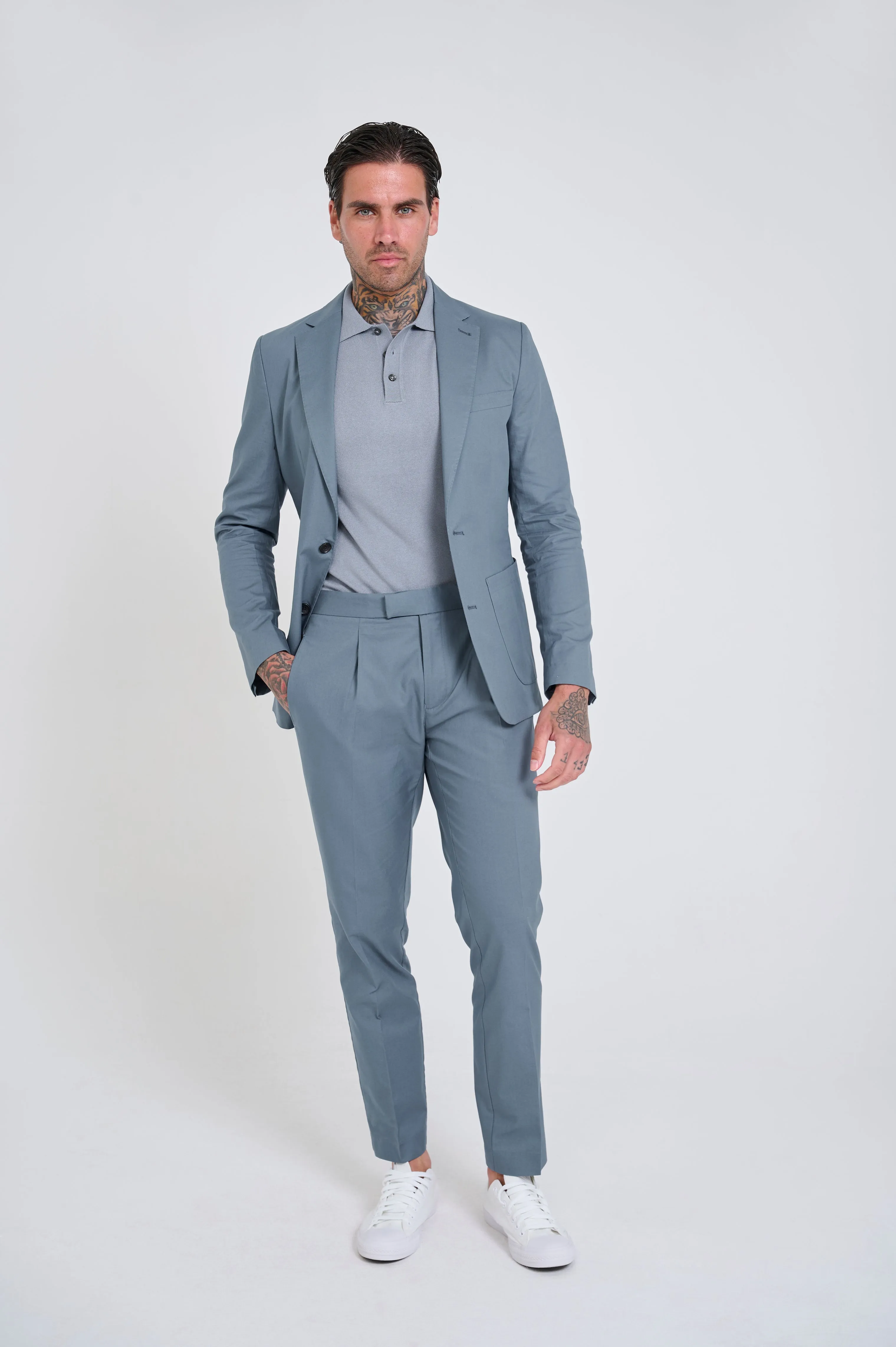 Harry Slim Fit Paper Touch Cotton Suit Smart Trousers in Mid Blue