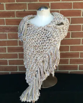 Ivory Tweed Shawl w/Fringe & Button, (SH62)