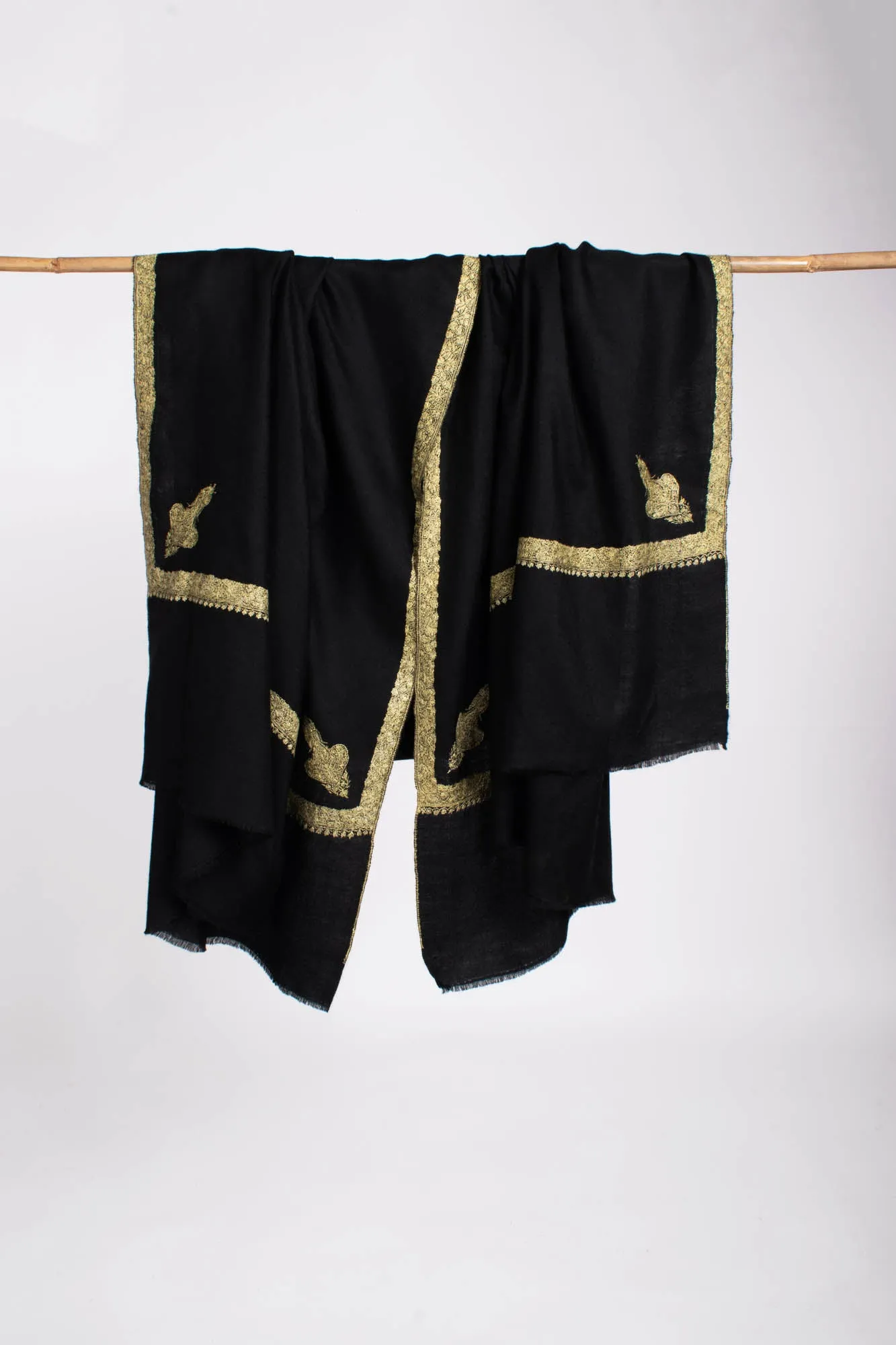 Jet Black Hashia Intricately Embroidered Oversized Wrap - PINE