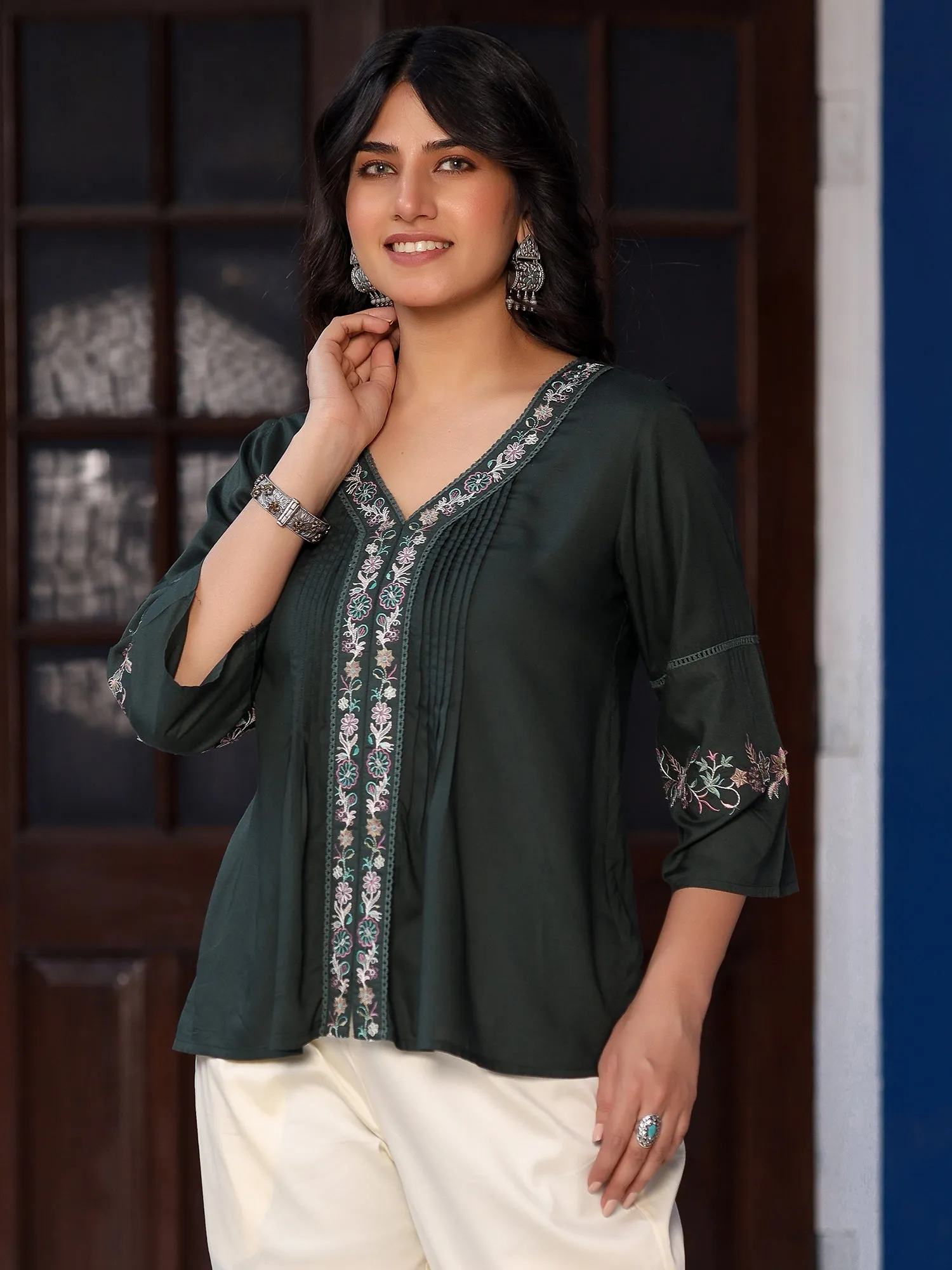 Juniper Green Floral Printed Modal Rayon Tunic With thread Work Embroidery