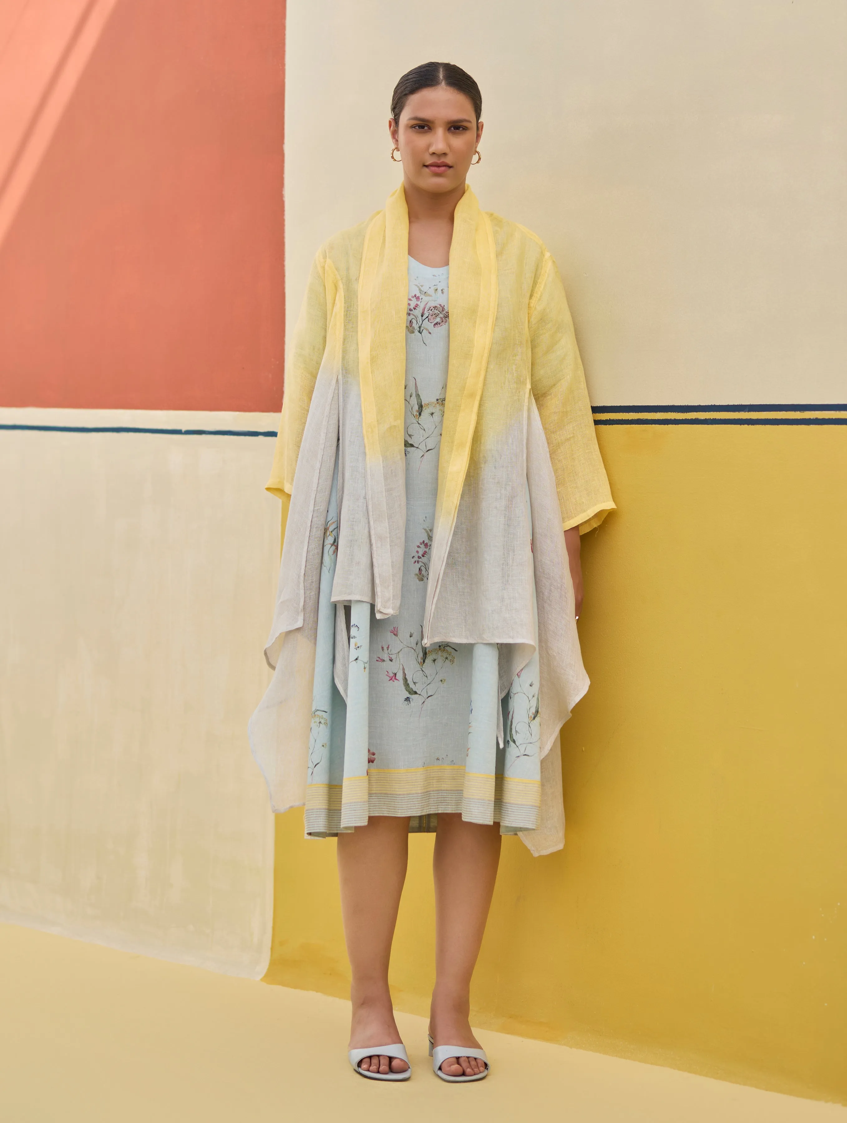 Kaya Floral Linen Dress With Overlay - Sky