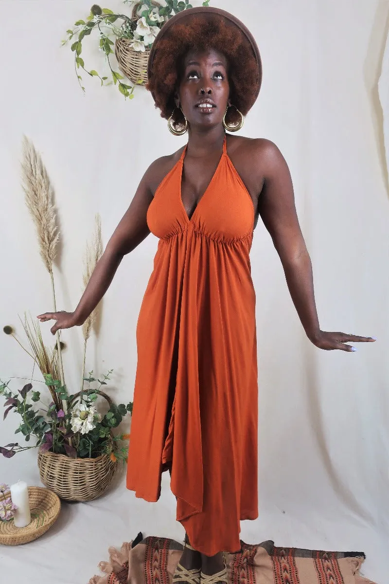 Khroma Medusa Midi Halter Dress in Fiery Orange - Free Size