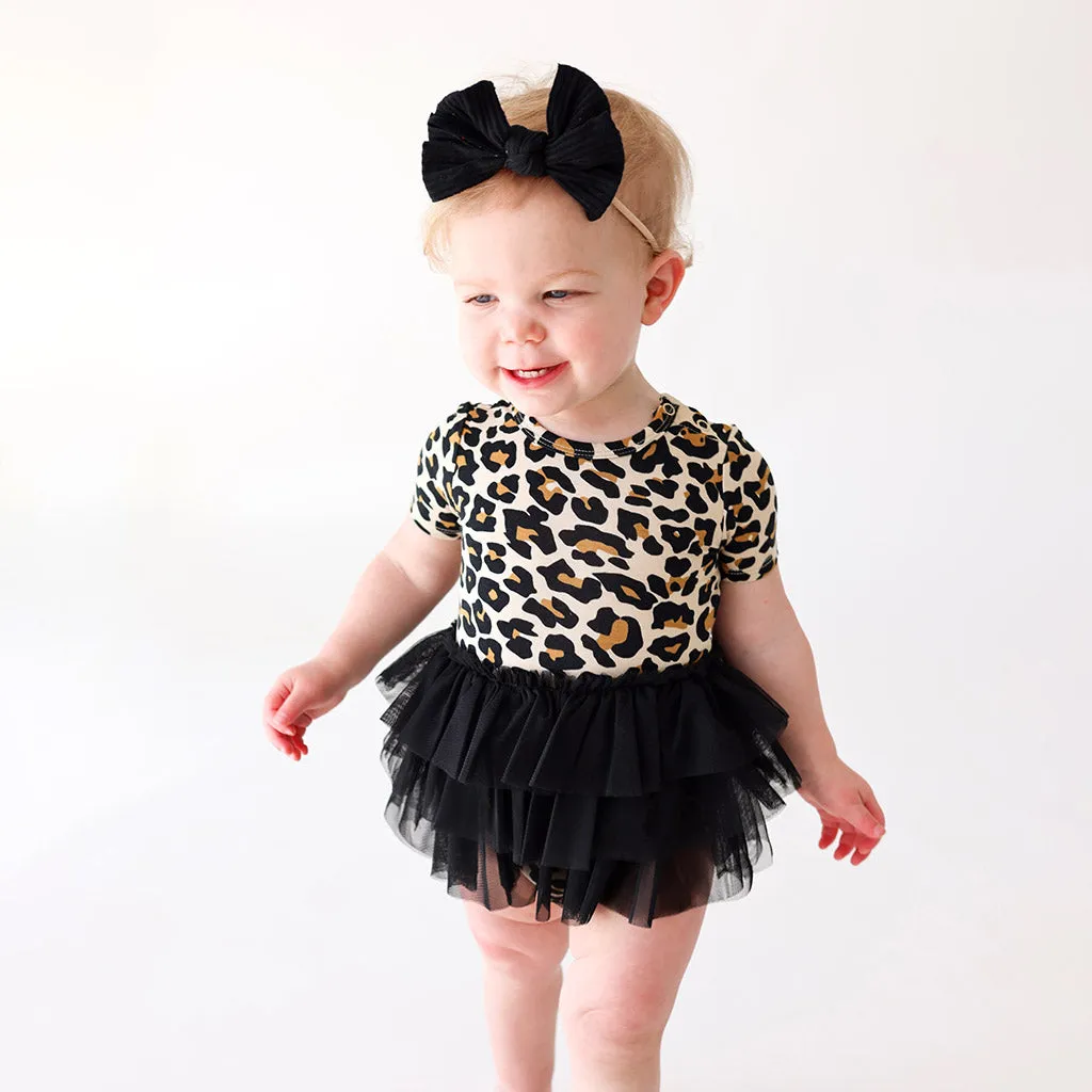 Lana Leopard Tan Short Sleeve Tulle Skirt Bodysuit Dress