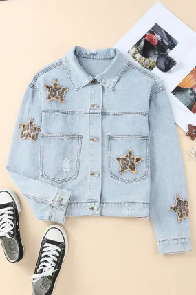 Leopard Star Applique Distressed Denim Jacket