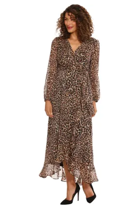 Long Sleeve Ruffle Wrap Maxi Dress | Leopard Print