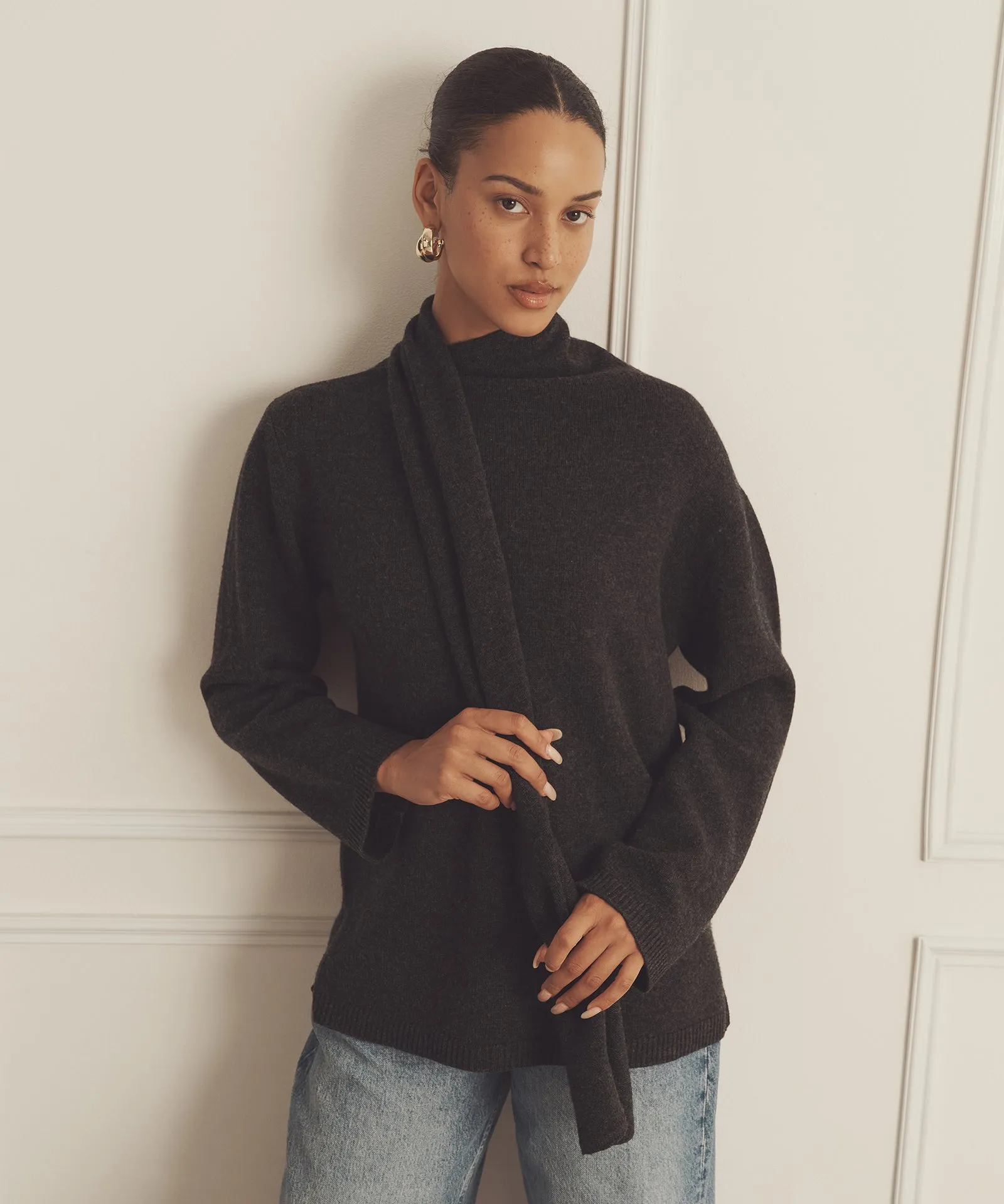 Luxe Cashmere Asymmetrical Turtleneck with Scarf