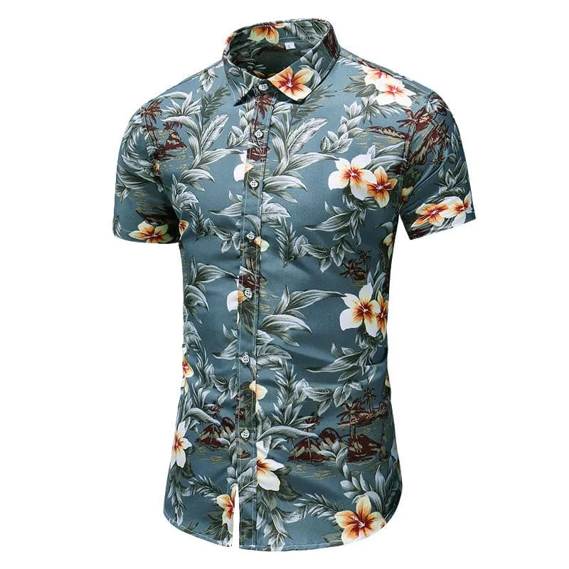 Men Floral Print Lapel Collar Button Up Shirt