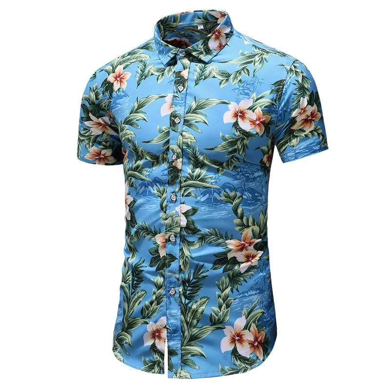 Men Floral Print Lapel Collar Button Up Shirt