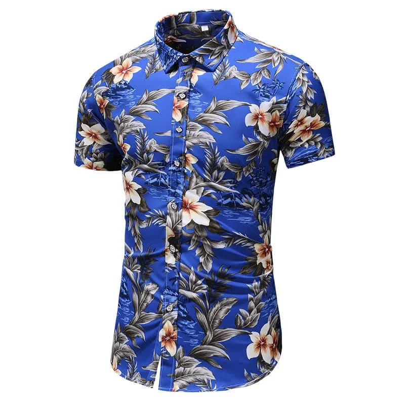 Men Floral Print Lapel Collar Button Up Shirt