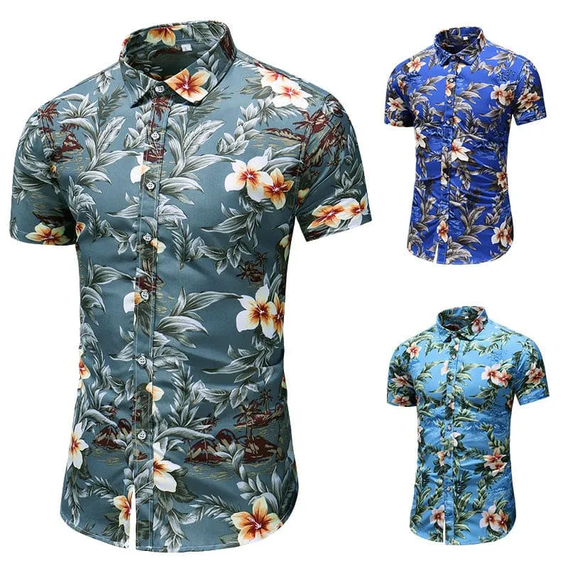 Men Floral Print Lapel Collar Button Up Shirt