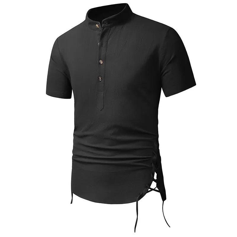 Men Turtleneck Buttons Short Sleeves T-Shirt