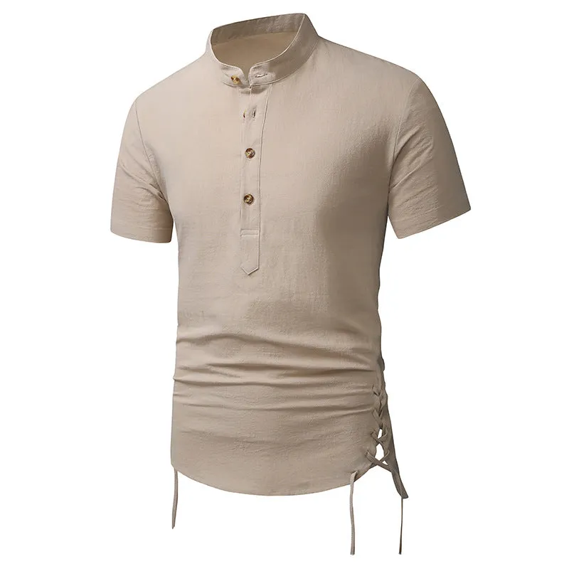 Men Turtleneck Buttons Short Sleeves T-Shirt