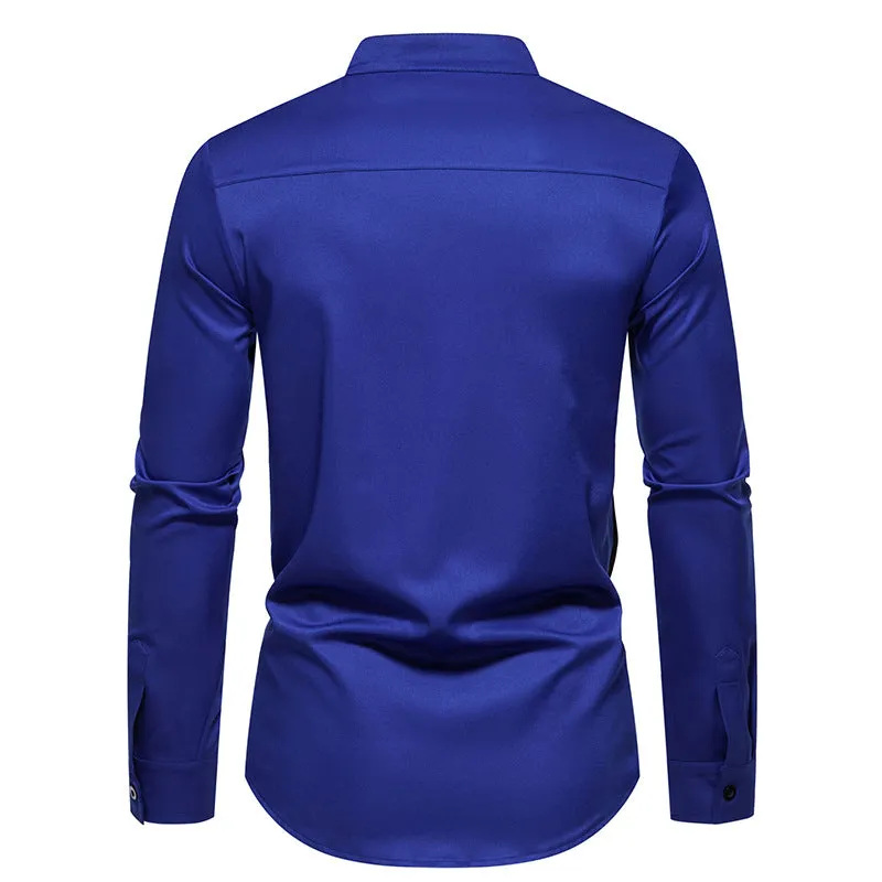 Men Turtleneck Patchwork Glossy Long Sleeves Shirt