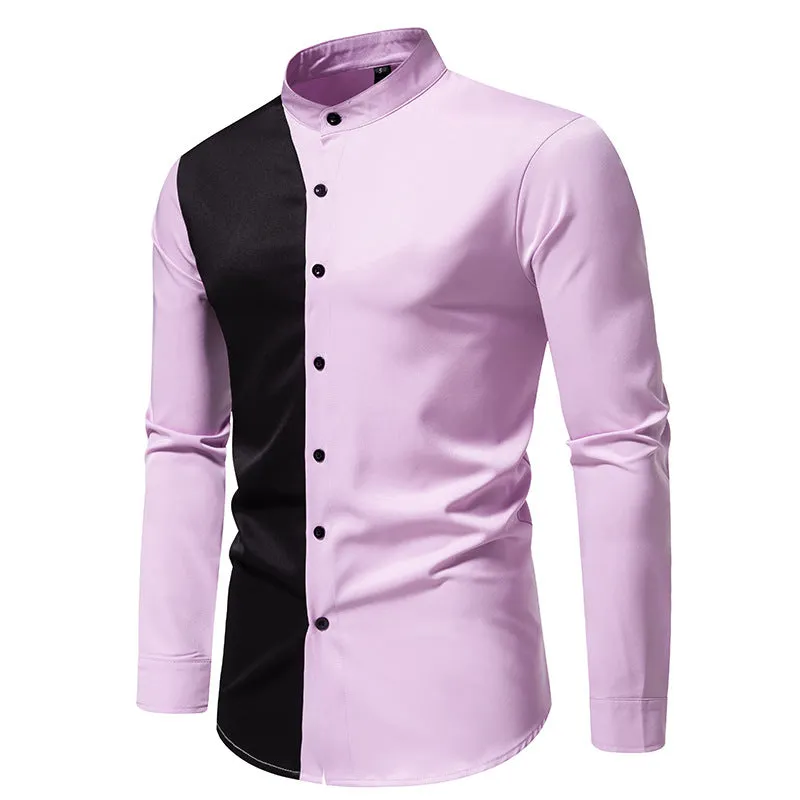 Men Turtleneck Patchwork Glossy Long Sleeves Shirt