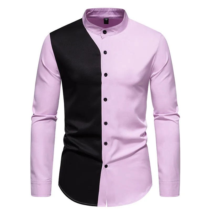 Men Turtleneck Patchwork Glossy Long Sleeves Shirt