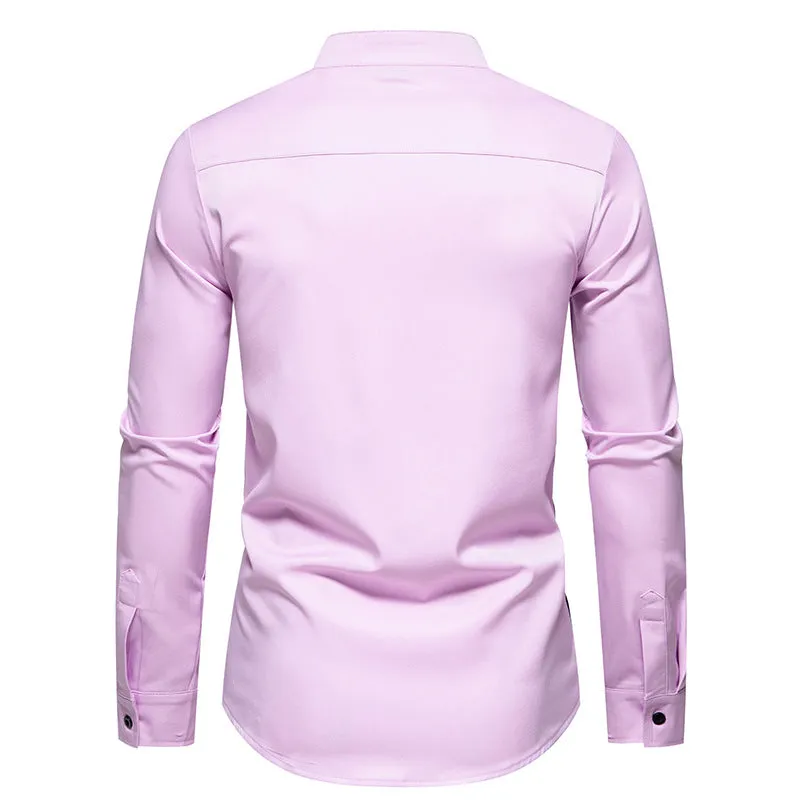 Men Turtleneck Patchwork Glossy Long Sleeves Shirt