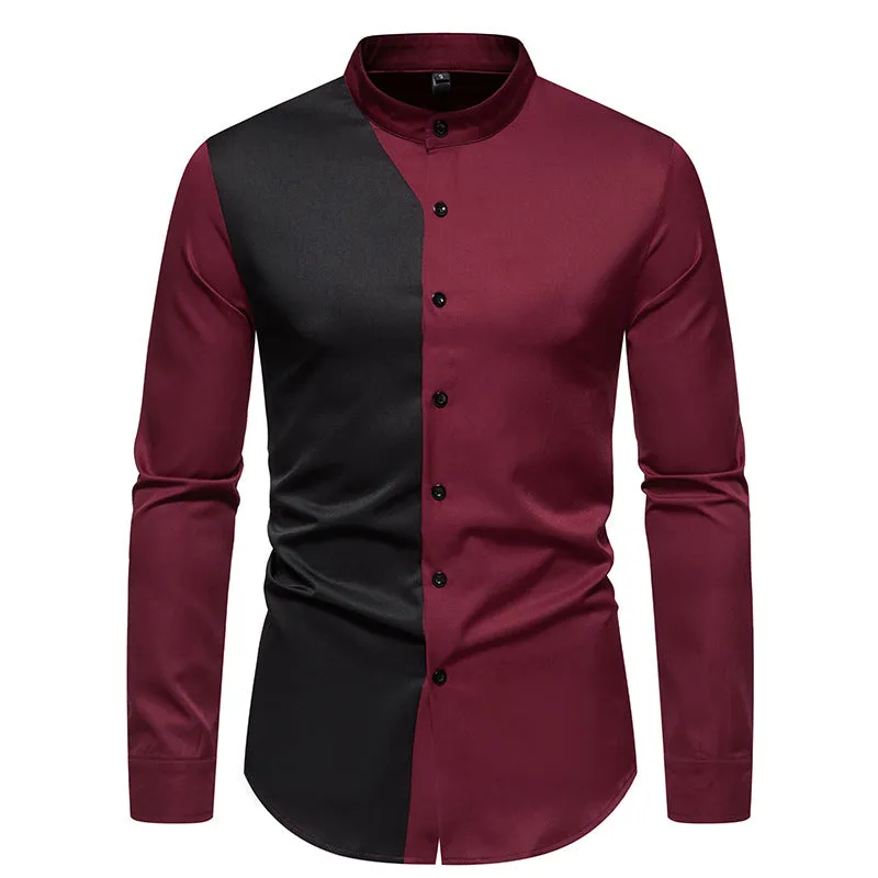 Men Turtleneck Patchwork Glossy Long Sleeves Shirt