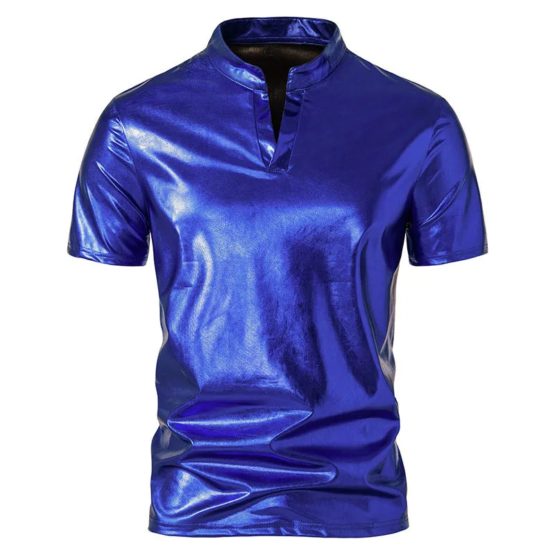 Men Turtleneck V-Neck Glossy Short Sleeves T-Shirt