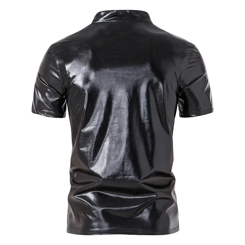 Men Turtleneck V-Neck Glossy Short Sleeves T-Shirt