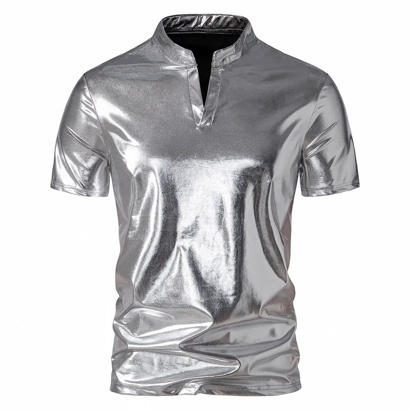 Men Turtleneck V-Neck Glossy Short Sleeves T-Shirt