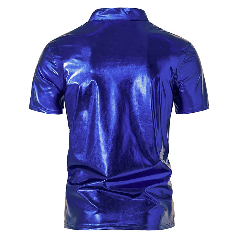 Men Turtleneck V-Neck Glossy Short Sleeves T-Shirt