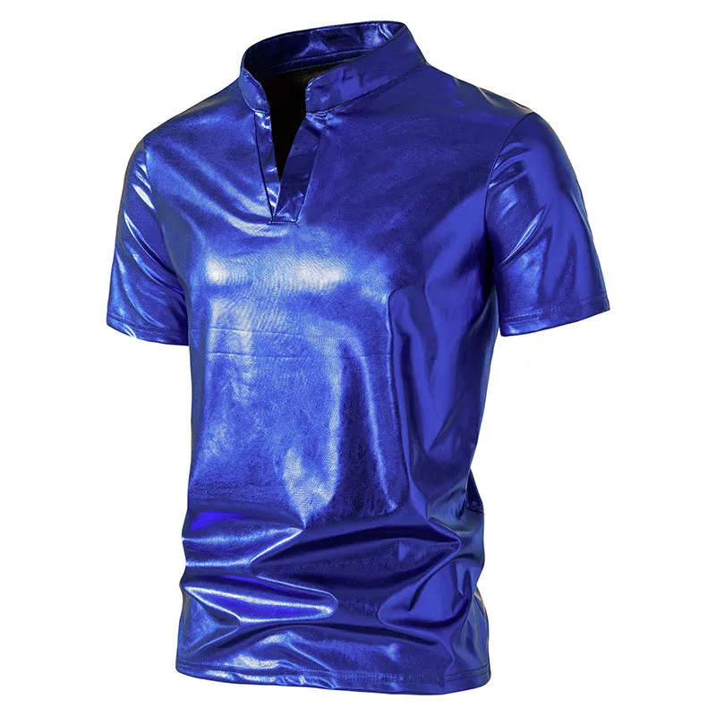 Men Turtleneck V-Neck Glossy Short Sleeves T-Shirt