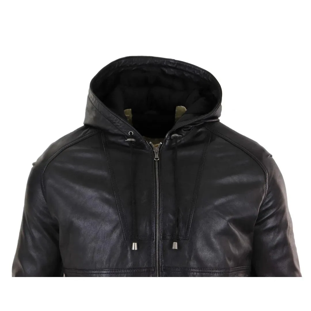 Mens Real Leather Hood Bomber Jacket Tan Brown Black Zipped Tailored Fit Casual