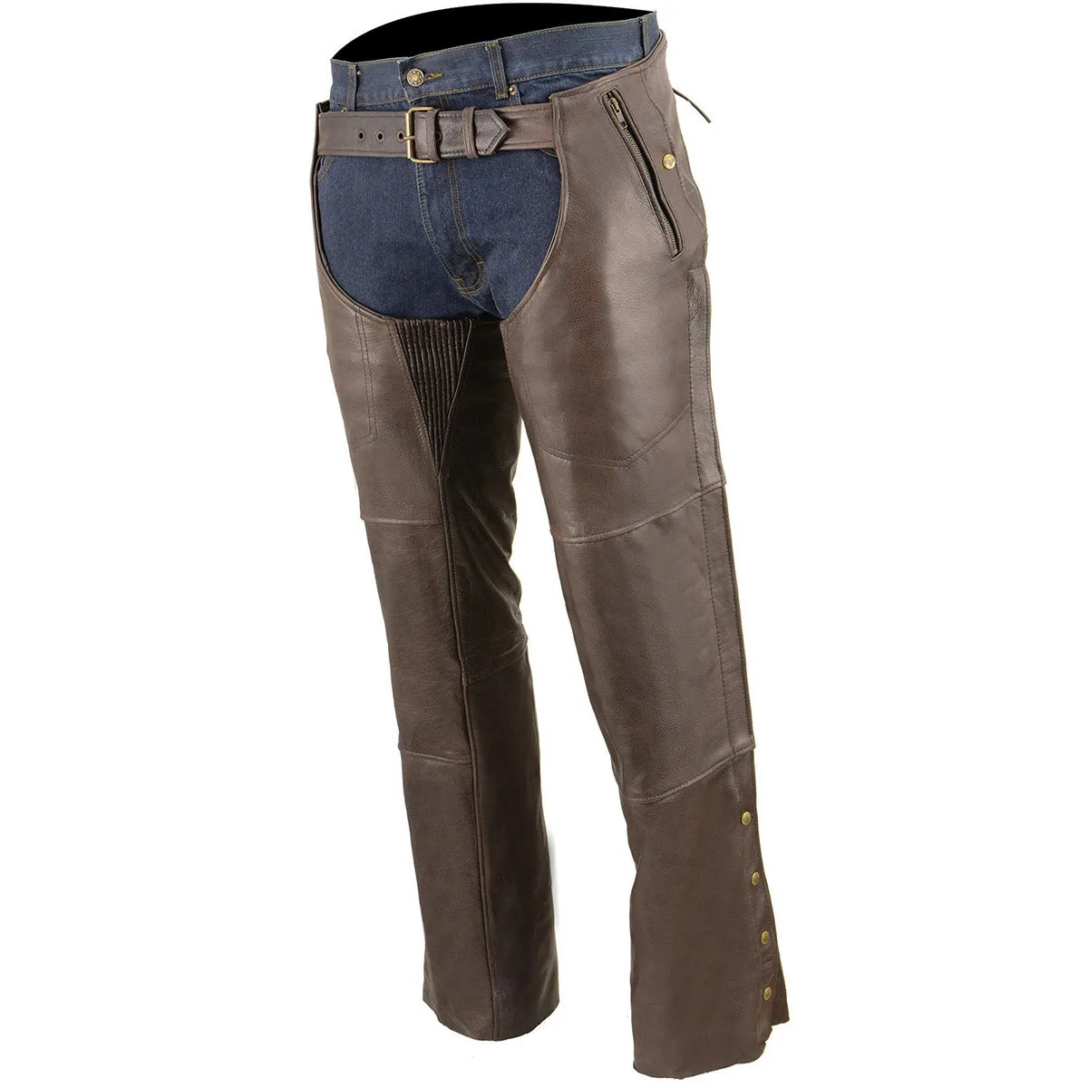 Milwaukee Leather Men's Retro Brown Premium Leather Motorcycle Rider Chaps w/ Snap Out Thermal Liner/ 4-Pockets-ML1191RT