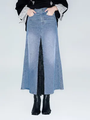 MUKZIN Linglong Old Denim Front Side Slit Patchwork Fishtail Skirt