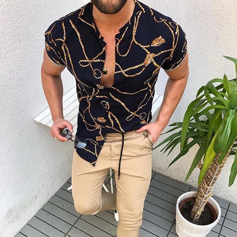 Nation Style Summer Man Shirt  Ethnic Printed Stand Collar Stripe Short Sleeve Loose Hawaiian Henley Casual Shirt C17