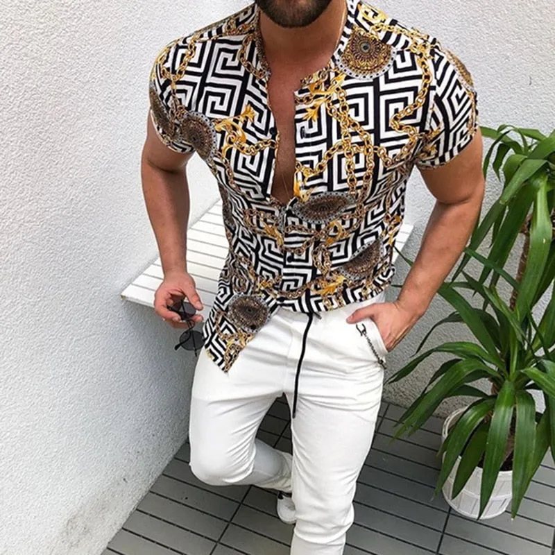 Nation Style Summer Man Shirt  Ethnic Printed Stand Collar Stripe Short Sleeve Loose Hawaiian Henley Casual Shirt C17