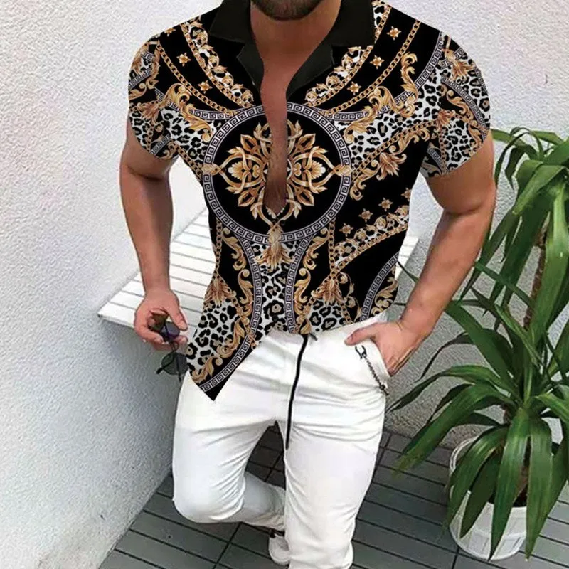 Nation Style Summer Man Shirt  Ethnic Printed Stand Collar Stripe Short Sleeve Loose Hawaiian Henley Casual Shirt C17