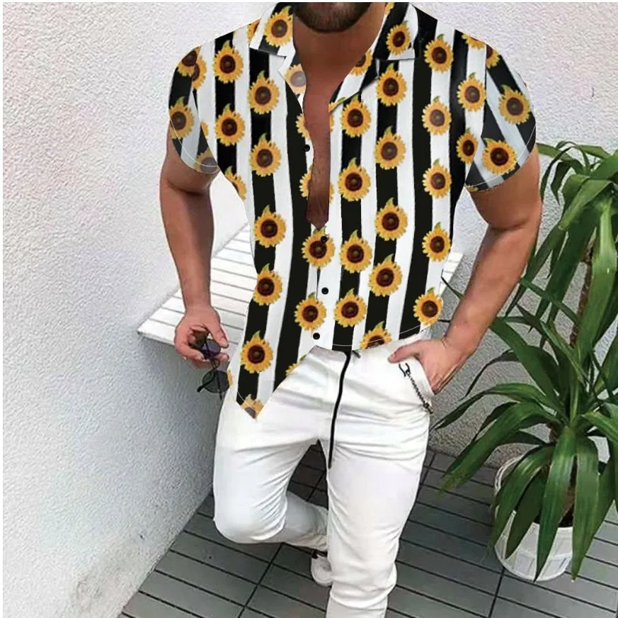 Nation Style Summer Man Shirt  Ethnic Printed Stand Collar Stripe Short Sleeve Loose Hawaiian Henley Casual Shirt C17