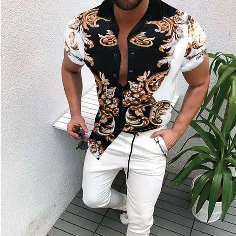 Nation Style Summer Man Shirt  Ethnic Printed Stand Collar Stripe Short Sleeve Loose Hawaiian Henley Casual Shirt C17