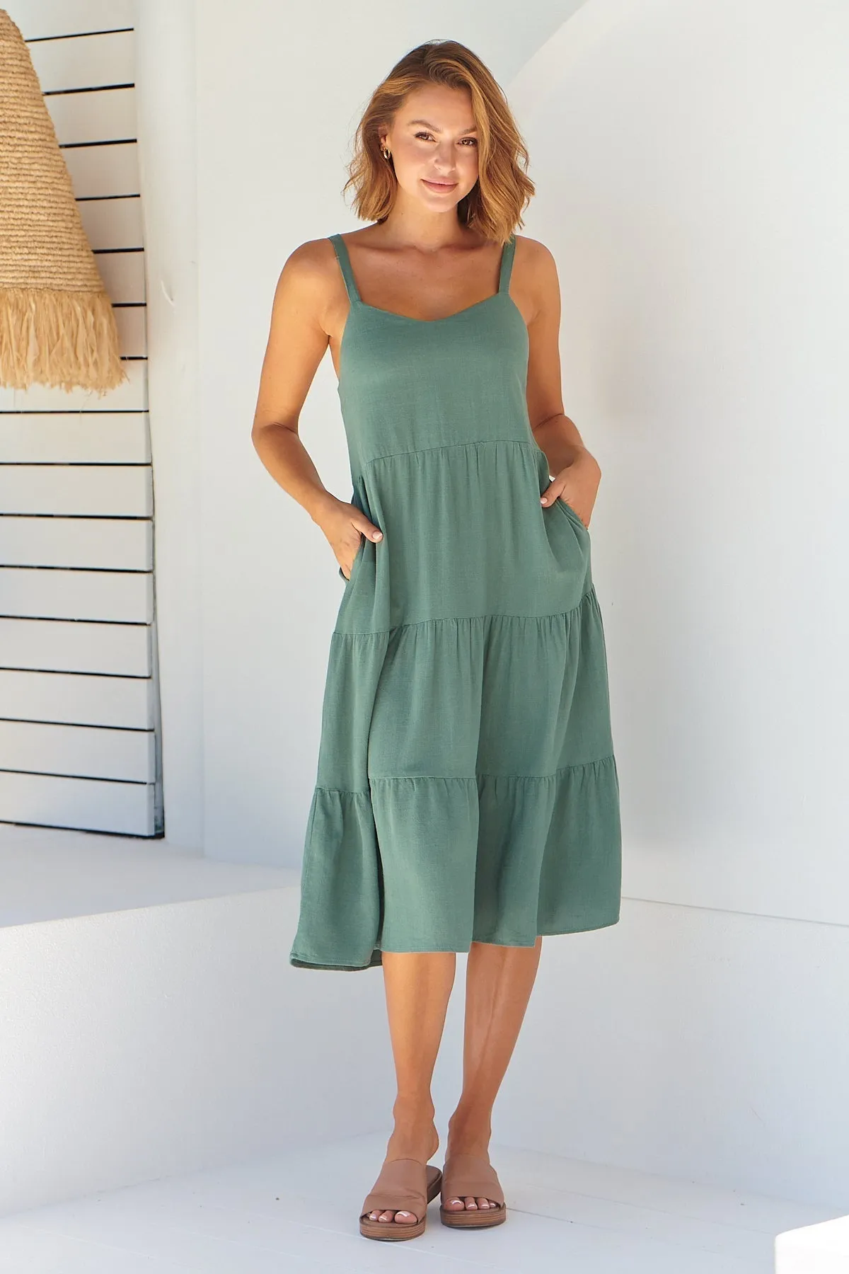 Nora S/less Sage Linen Blend Tiered Midi Dress