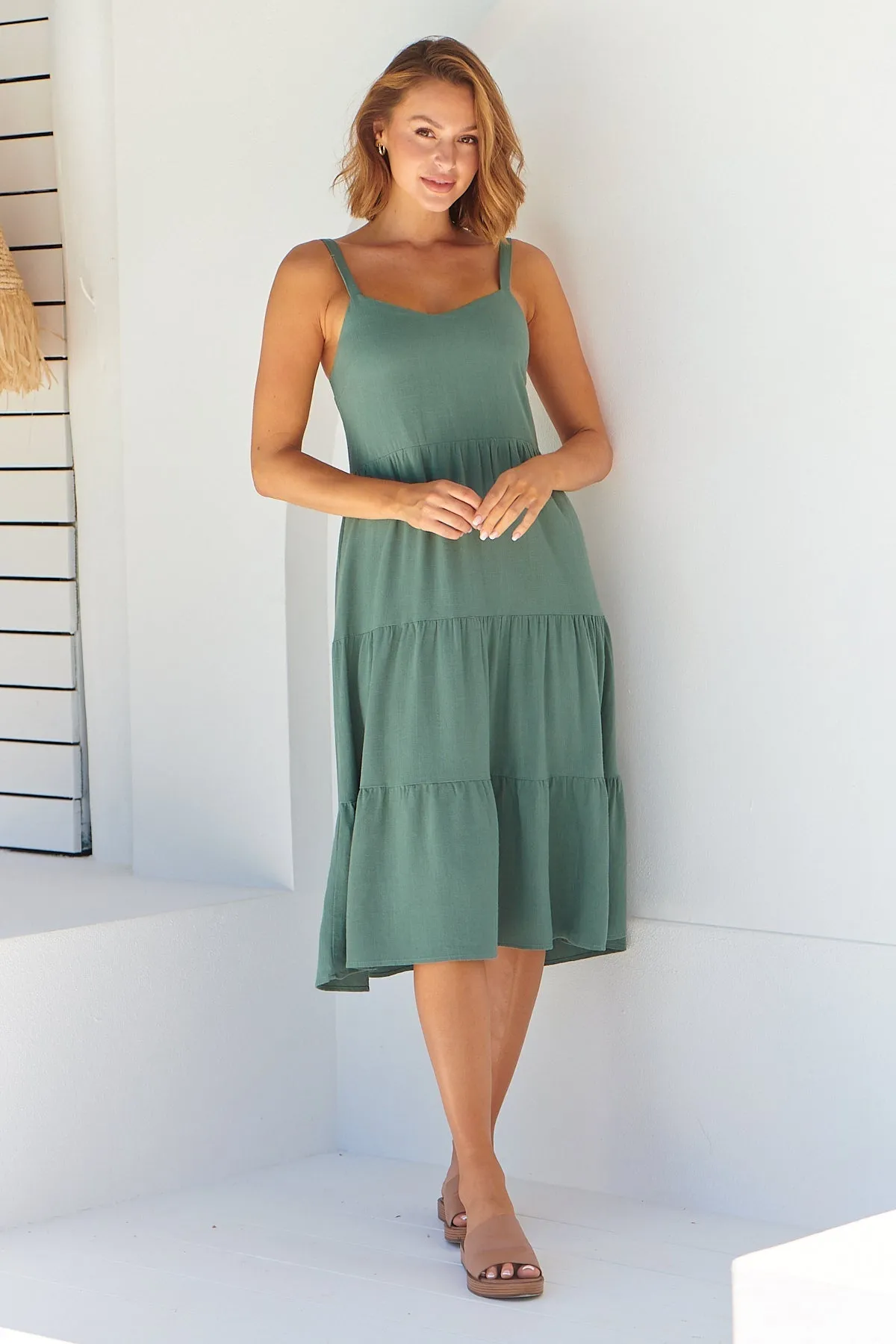 Nora S/less Sage Linen Blend Tiered Midi Dress