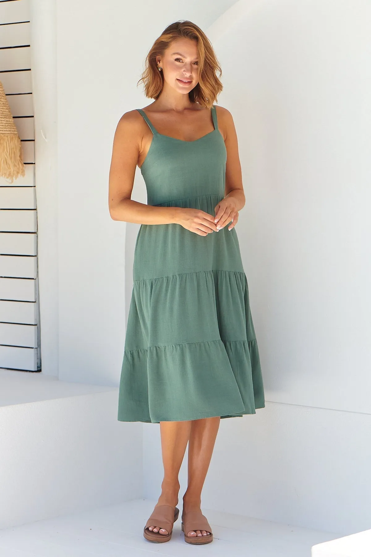 Nora S/less Sage Linen Blend Tiered Midi Dress