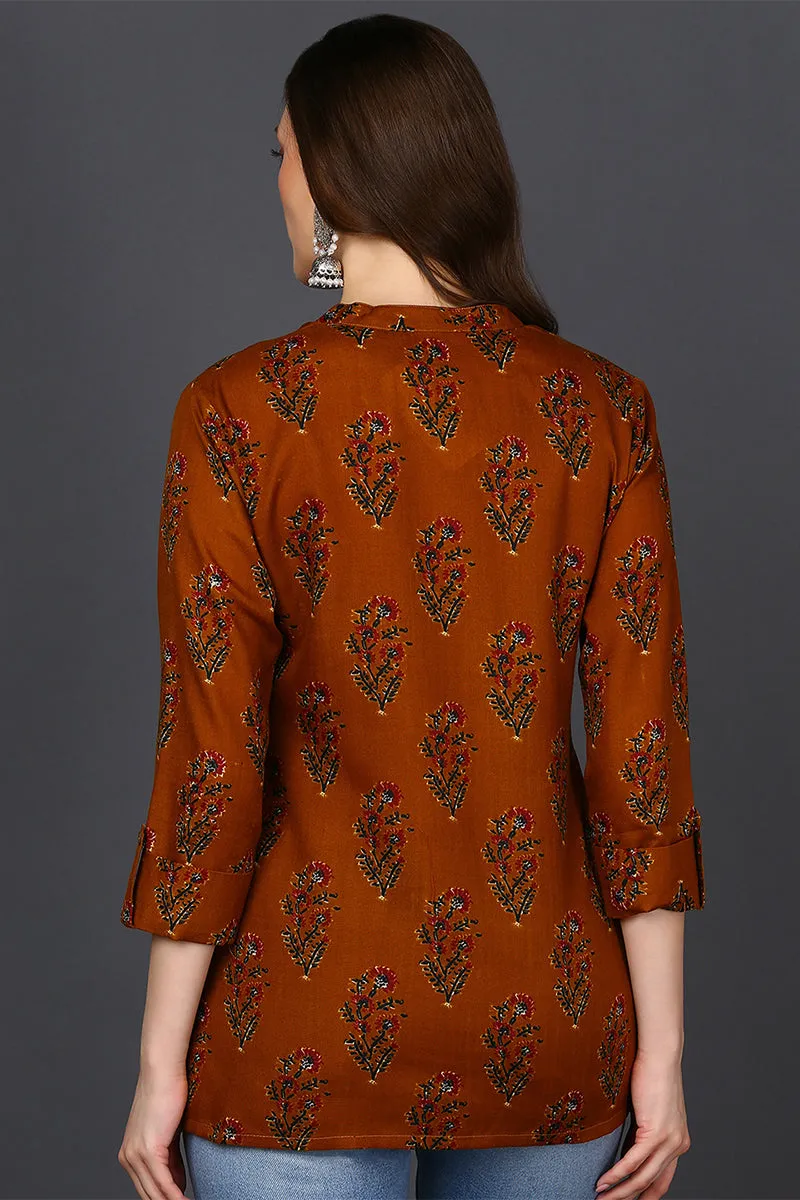 Occur Yellow Cotton Blend Ethnic Motifs Printed Straight Tunic