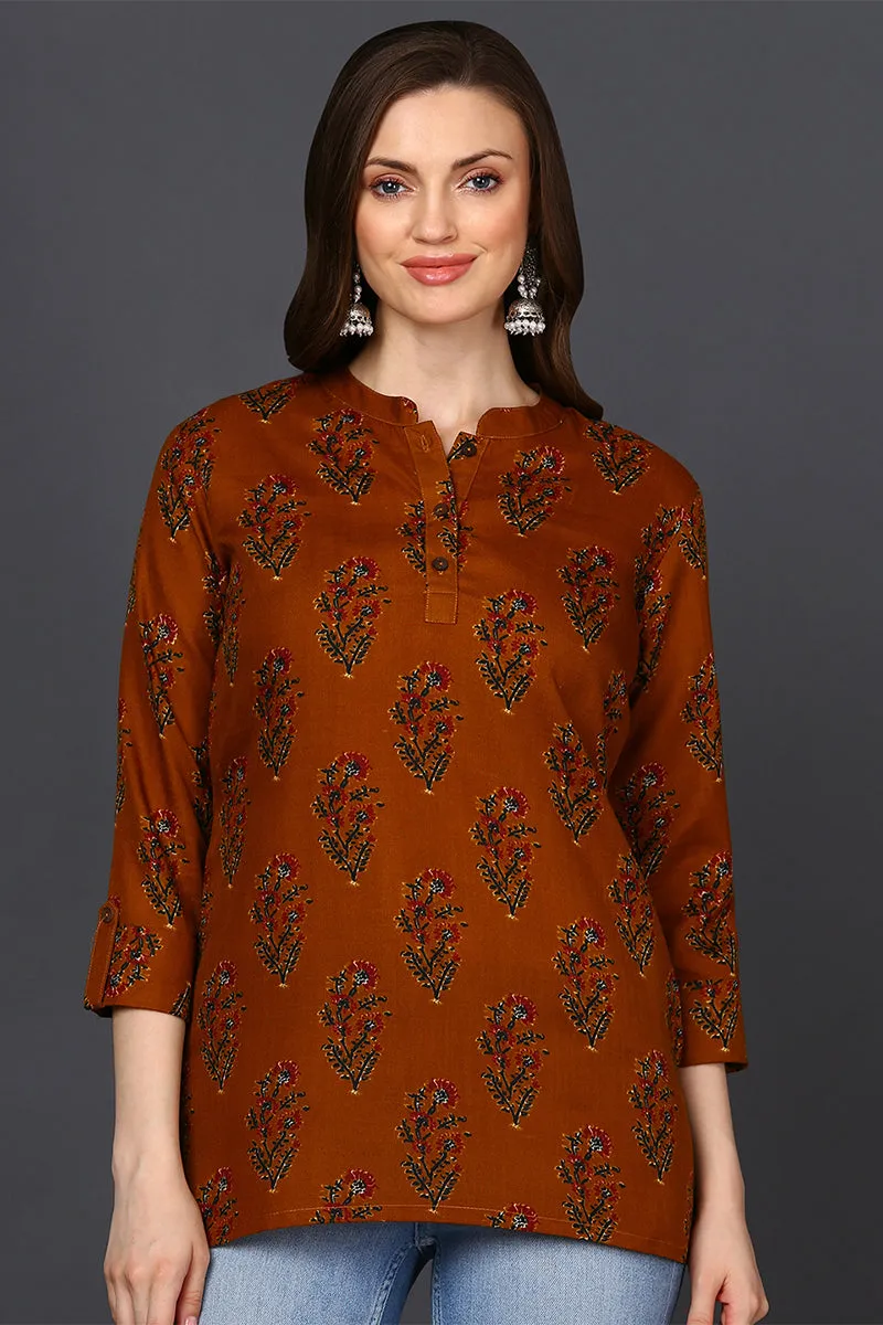 Occur Yellow Cotton Blend Ethnic Motifs Printed Straight Tunic