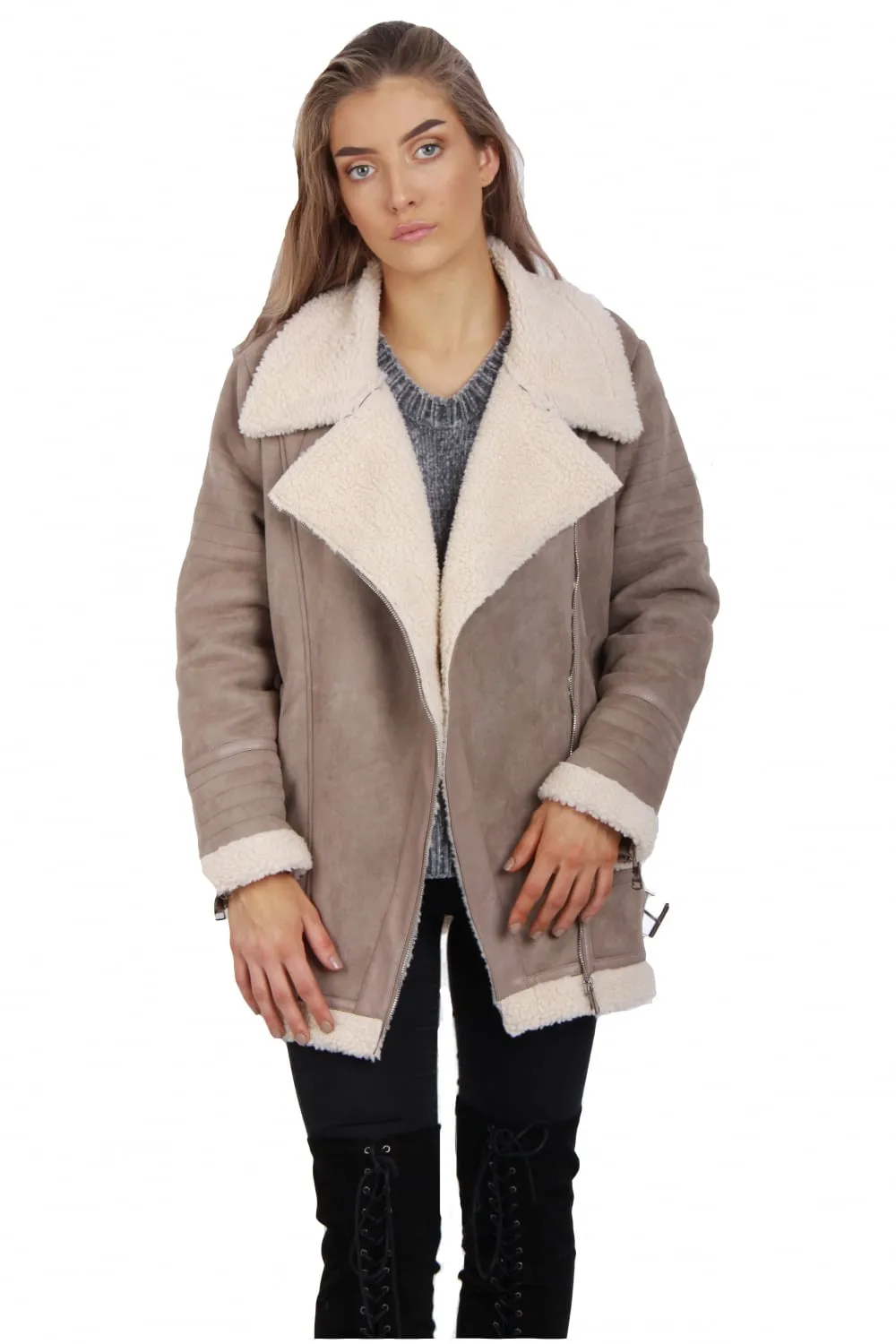 Oversized Faux Suede Faux Fur Shearling Jacket Coat